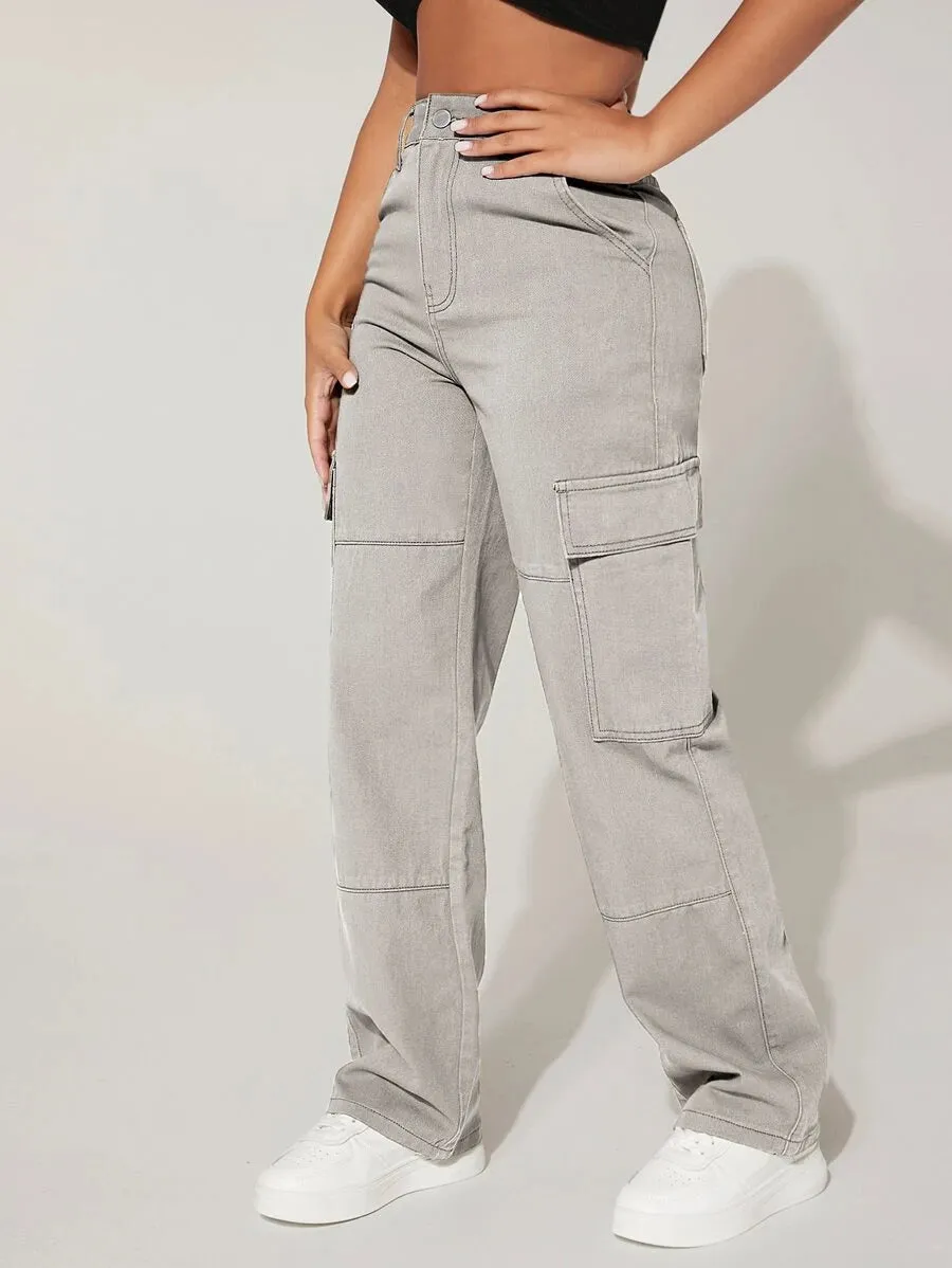 Trendy Flap Pocket High Waist Denim Cargo Jeans