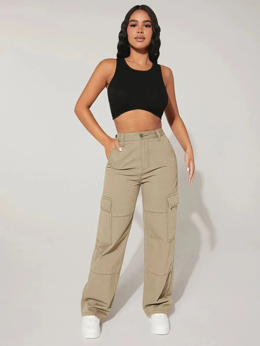 Trendy Flap Pocket High Waist Denim Cargo Jeans