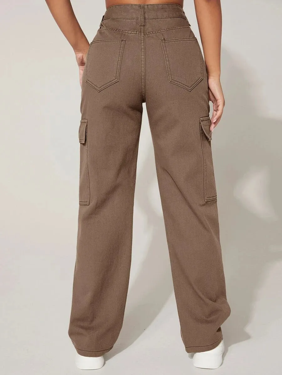 Trendy Flap Pocket High Waist Denim Cargo Jeans