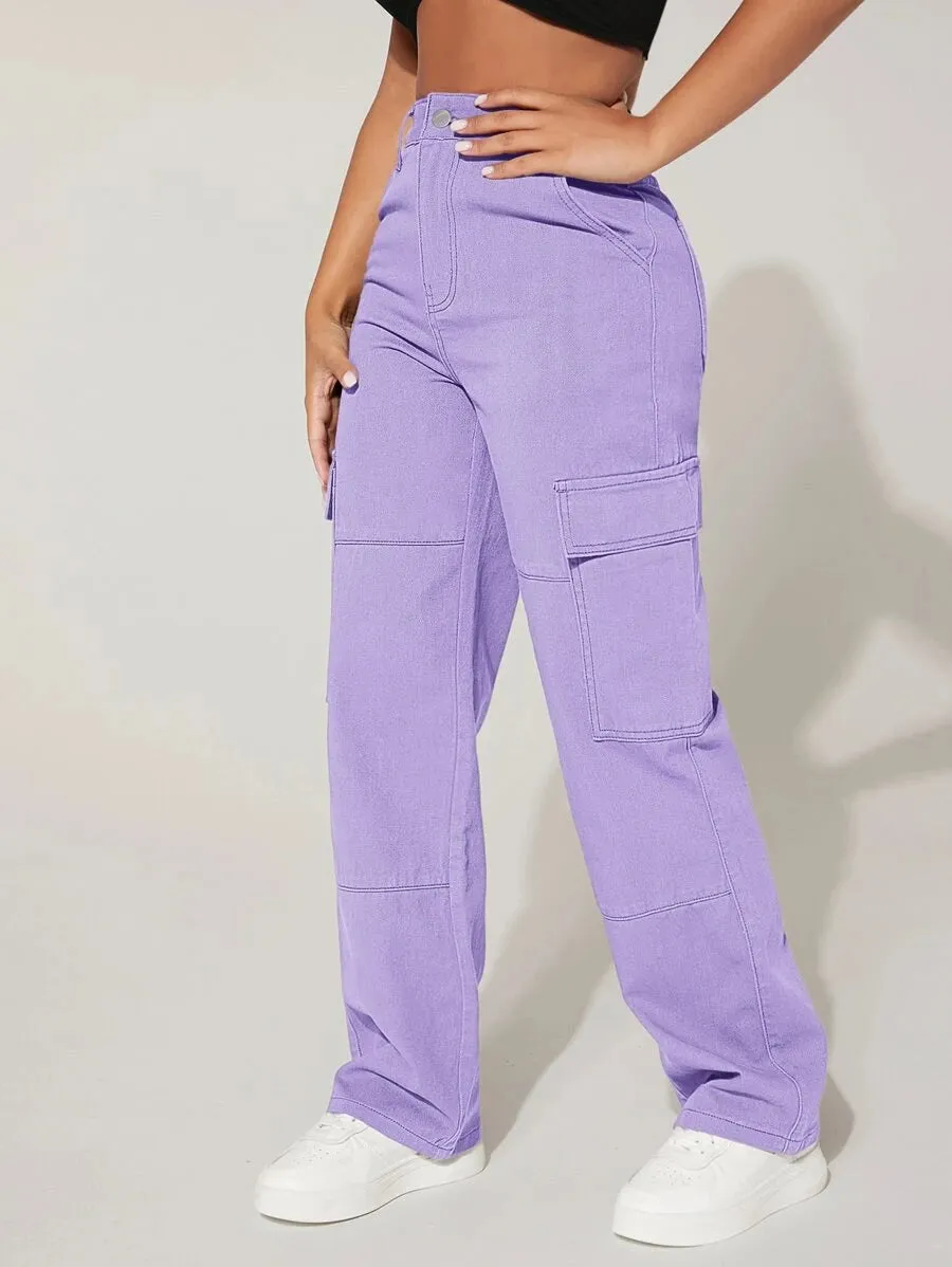 Trendy Flap Pocket High Waist Denim Cargo Jeans