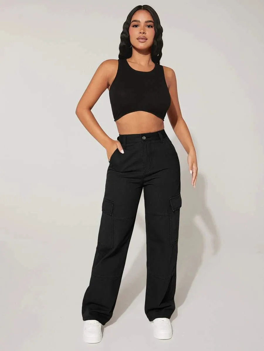 Trendy Flap Pocket High Waist Denim Cargo Jeans