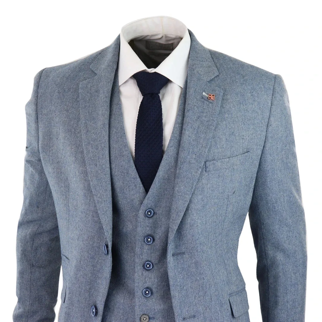 Wells - Men's 3 Piece Wool Suit Light Blue Tweed 1920s Classic 4 Pocket Waistcoat
