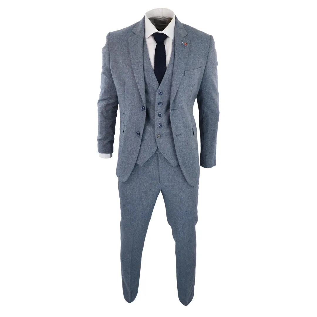 Wells - Men's 3 Piece Wool Suit Light Blue Tweed 1920s Classic 4 Pocket Waistcoat