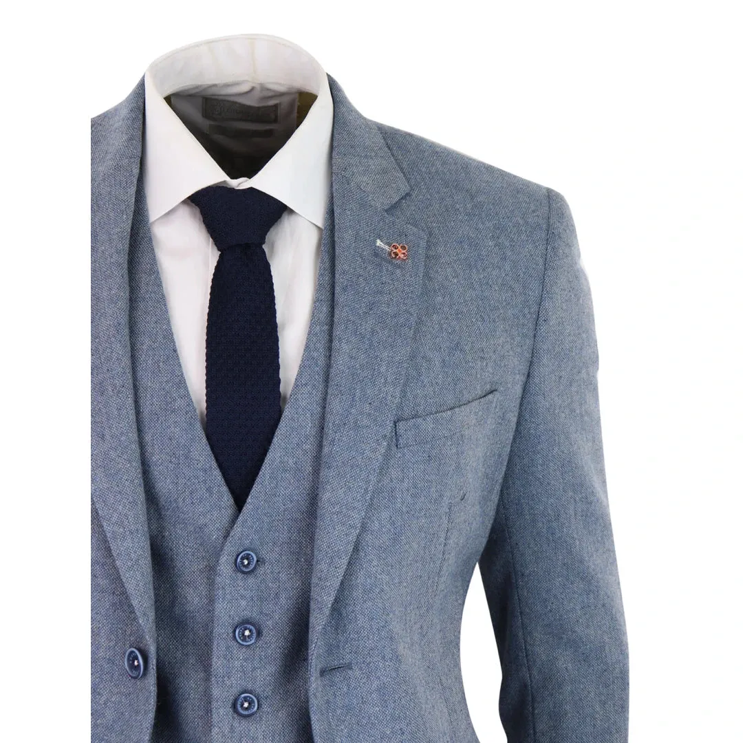 Wells - Men's 3 Piece Wool Suit Light Blue Tweed 1920s Classic 4 Pocket Waistcoat