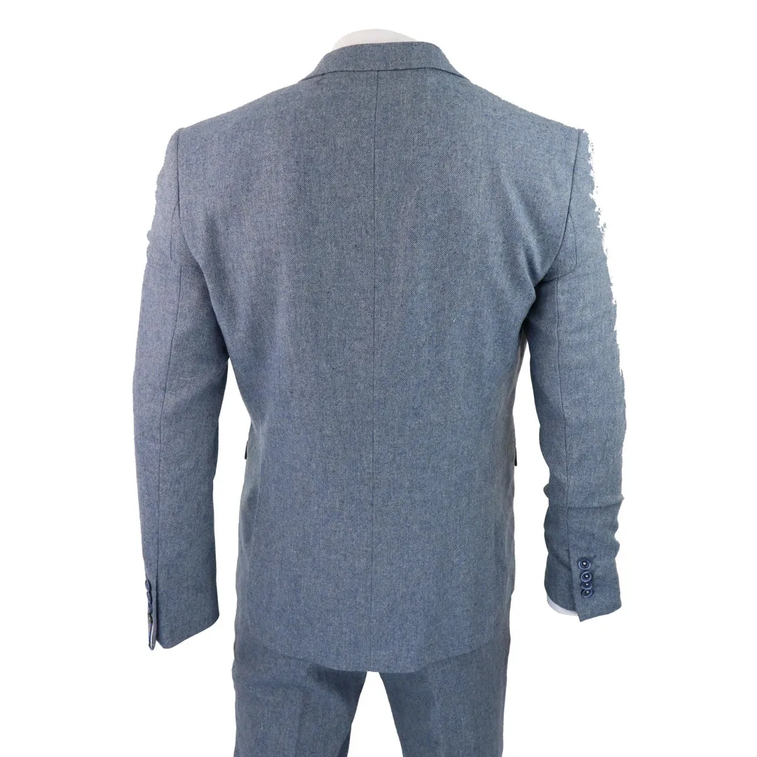 Wells - Men's 3 Piece Wool Suit Light Blue Tweed 1920s Classic 4 Pocket Waistcoat