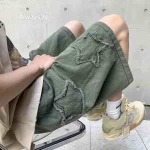 Wiaofellas  -  Star Patchwork Shorts Men Vintage Denim Summer Basic Simple All-match Hot Sale High Waist Leisure Ulzzang Streetwear Chic Shorts