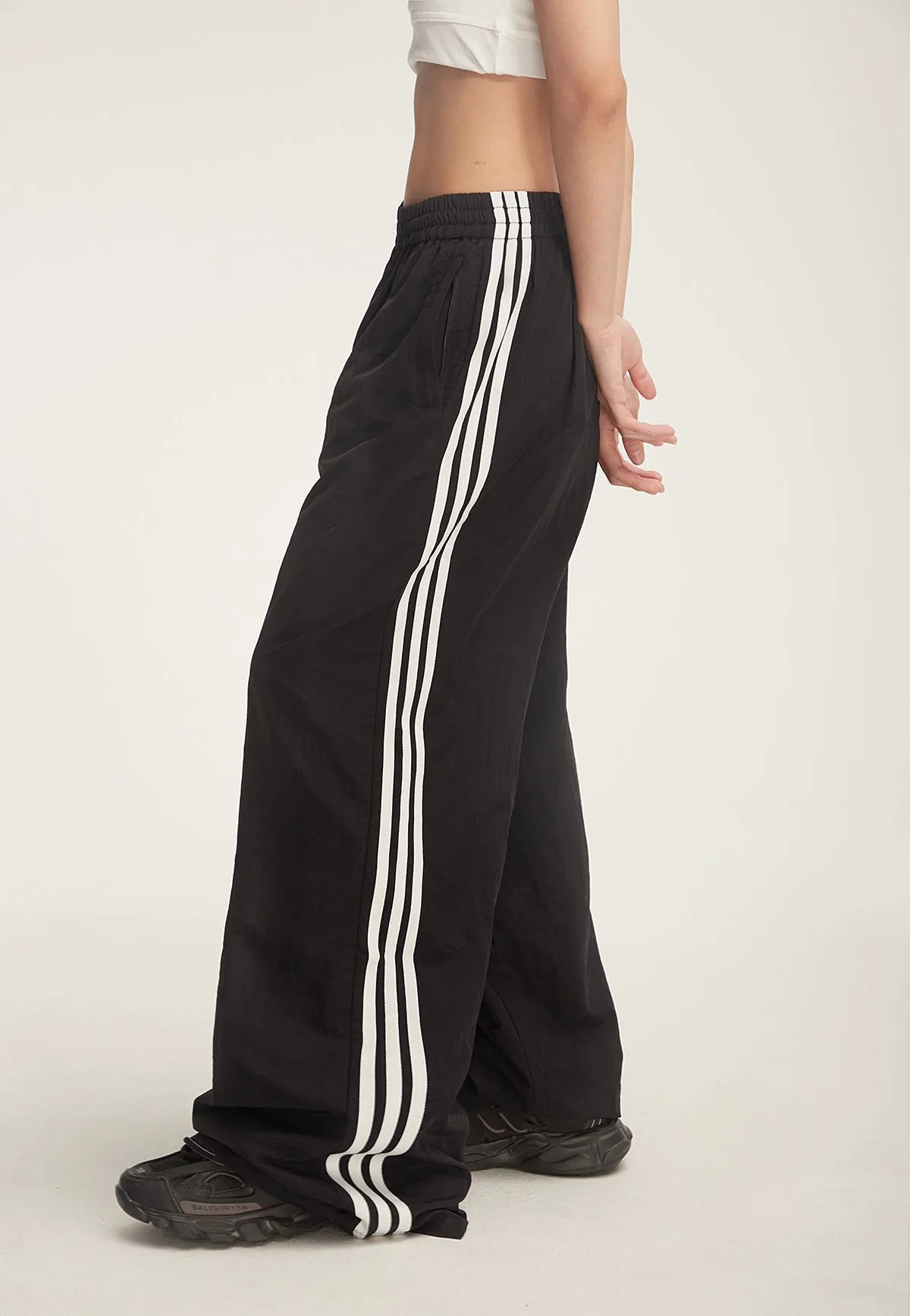 Wide-Leg Striped Track Pants with Drawstring Waist