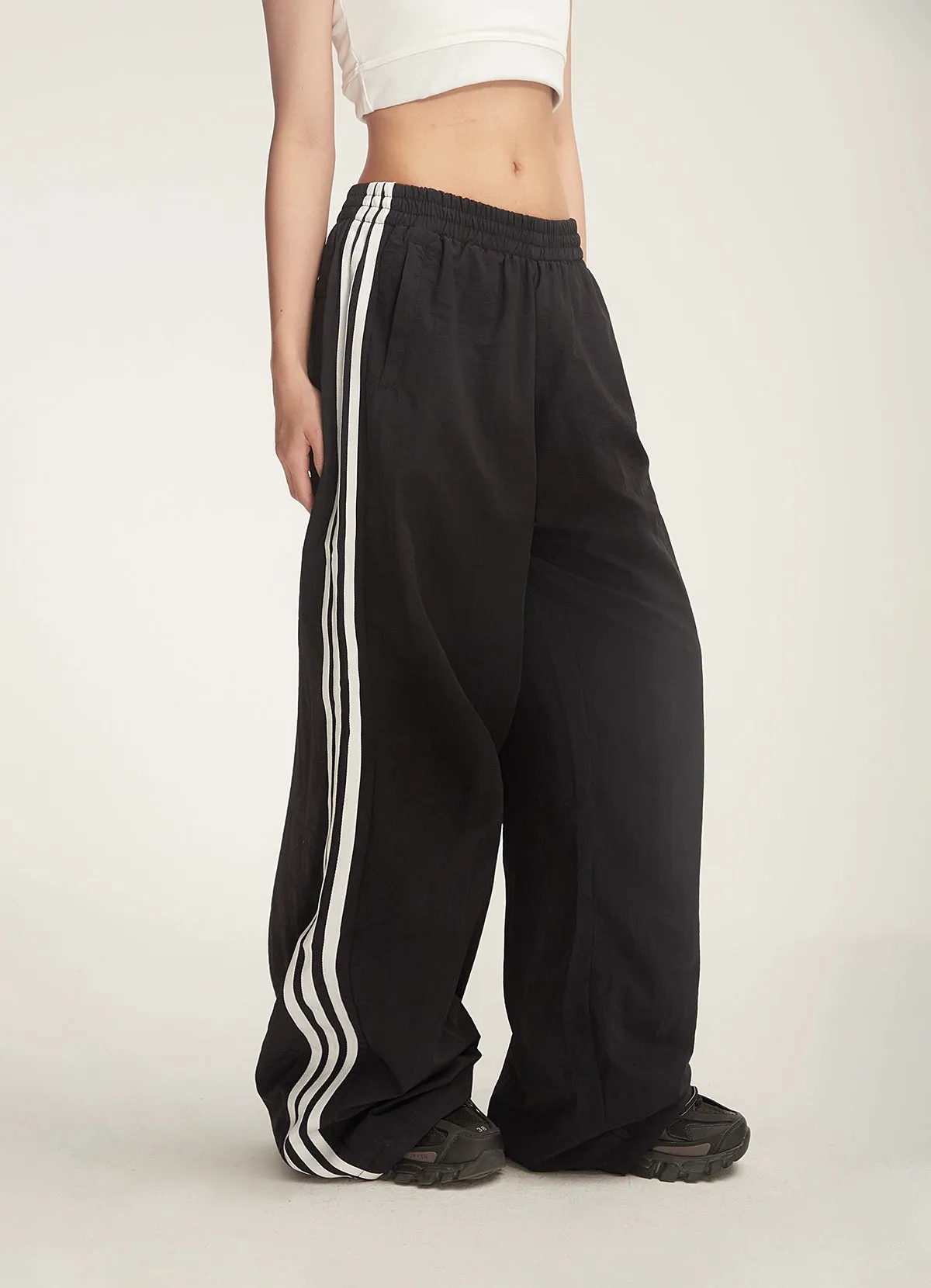 Wide-Leg Striped Track Pants with Drawstring Waist