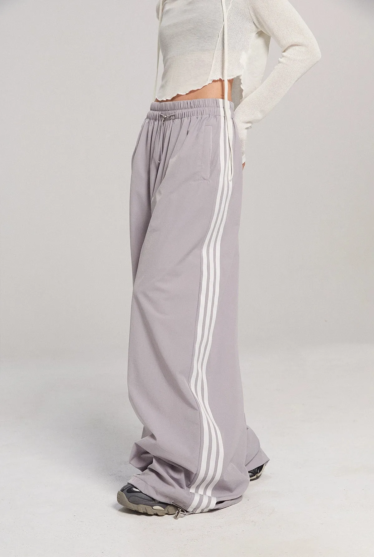 Wide-Leg Striped Track Pants with Drawstring Waist