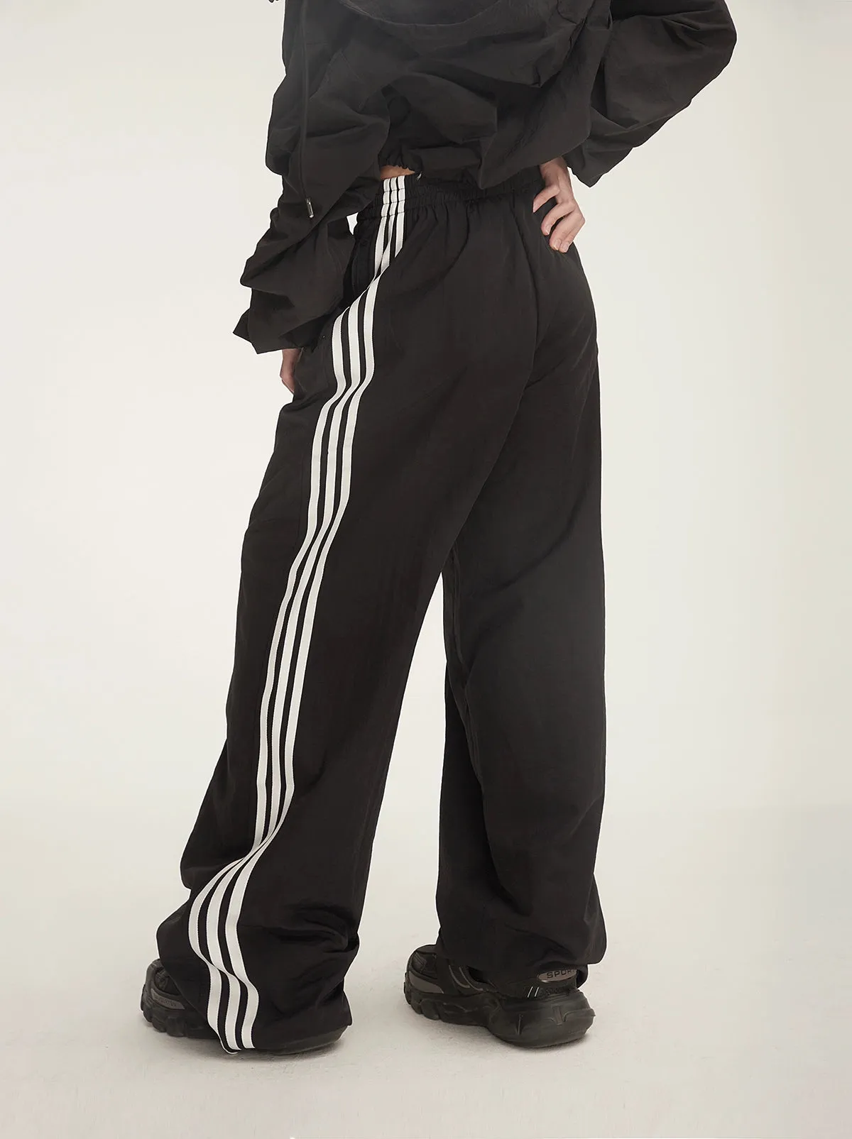 Wide-Leg Striped Track Pants with Drawstring Waist