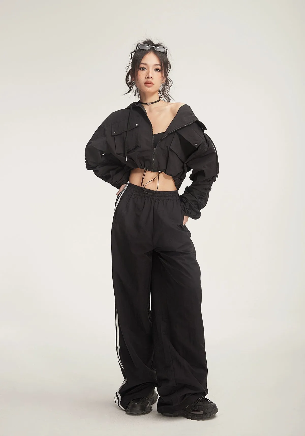 Wide-Leg Striped Track Pants with Drawstring Waist