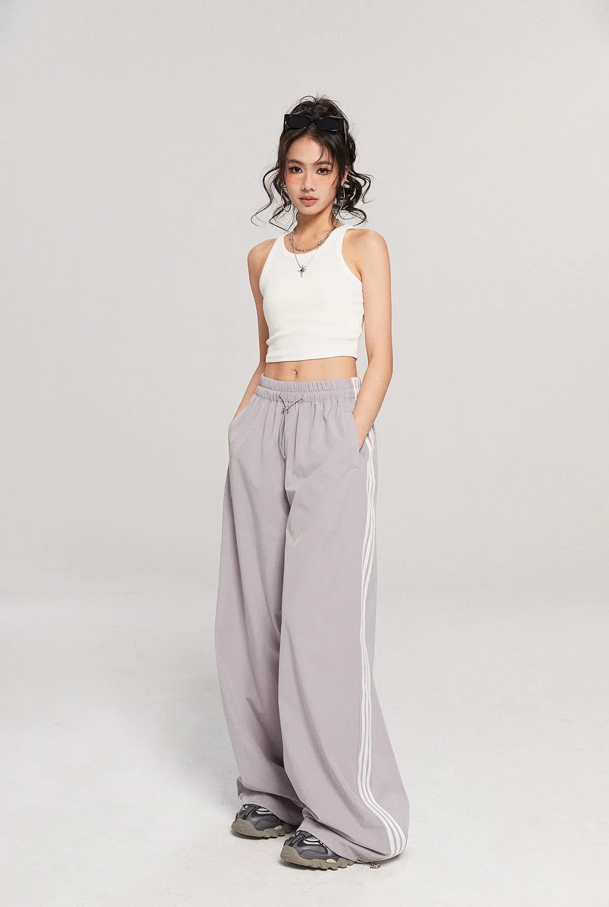 Wide-Leg Striped Track Pants with Drawstring Waist