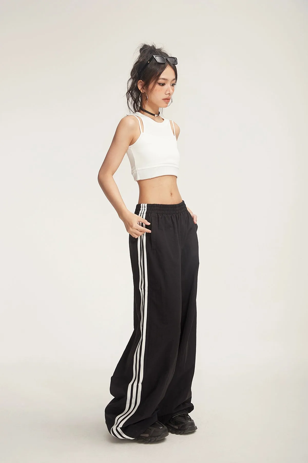 Wide-Leg Striped Track Pants with Drawstring Waist