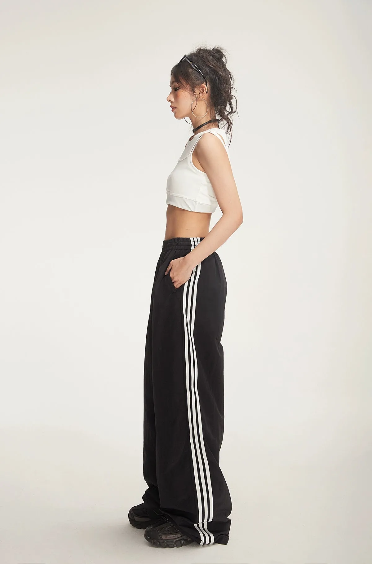 Wide-Leg Striped Track Pants with Drawstring Waist