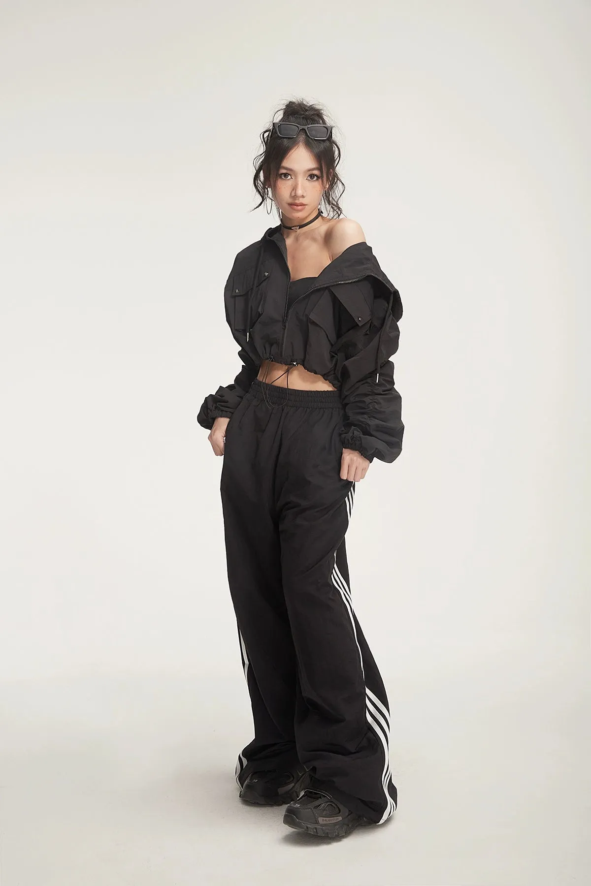 Wide-Leg Striped Track Pants with Drawstring Waist