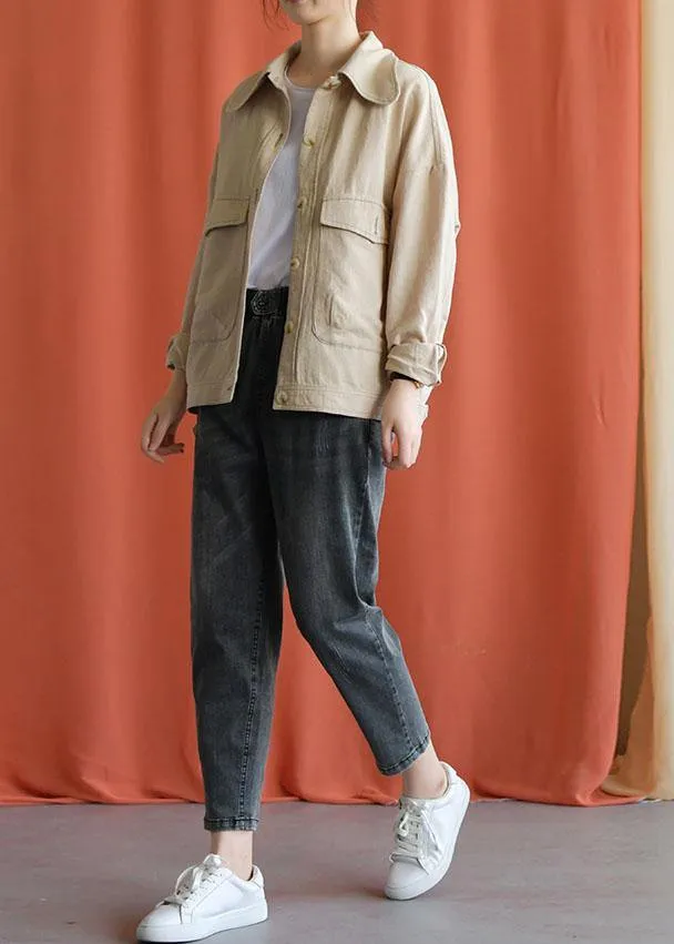 women new fall black gray cotton loose pants casual elastic waist jeans