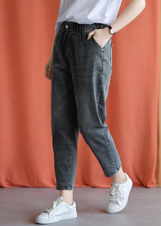 women new fall black gray cotton loose pants casual elastic waist jeans
