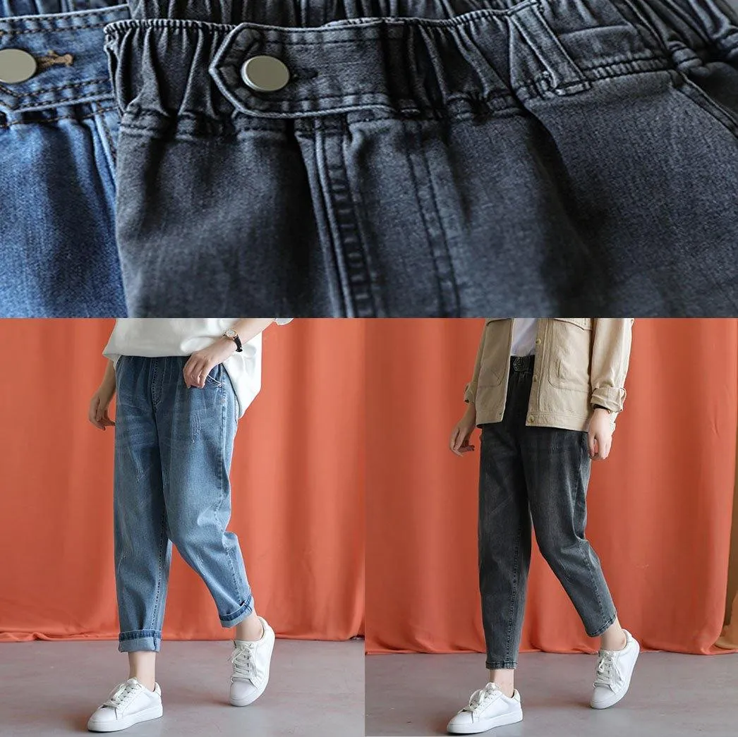 women new fall black gray cotton loose pants casual elastic waist jeans