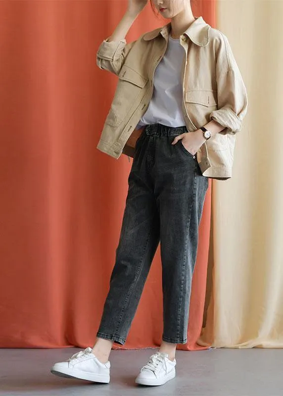 women new fall black gray cotton loose pants casual elastic waist jeans