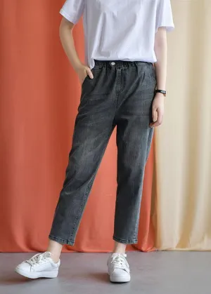 women new fall black gray cotton loose pants casual elastic waist jeans