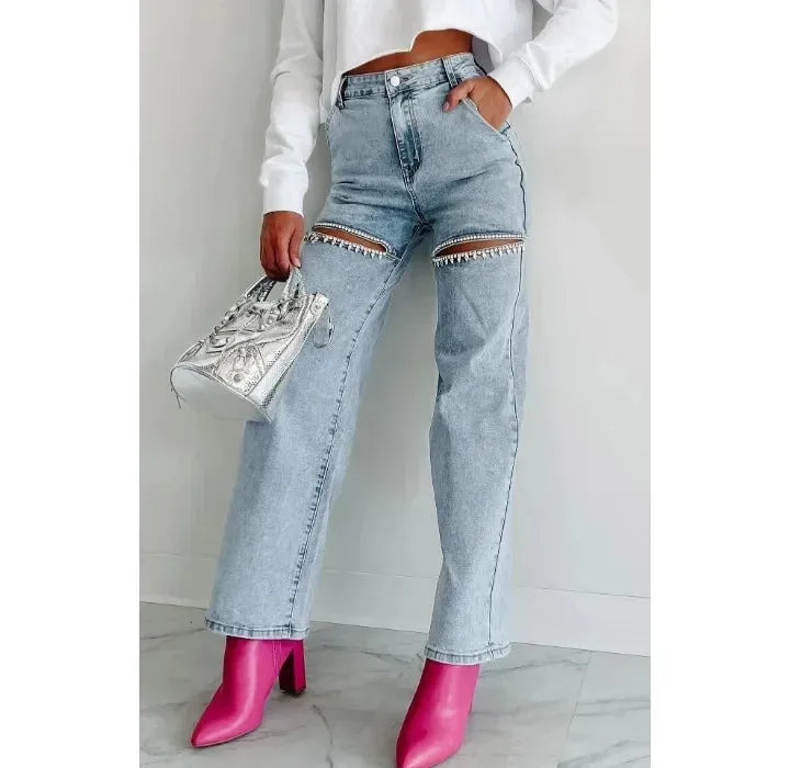 Women's High Waist Perforated Denim Jeans Y2K Streetwear
