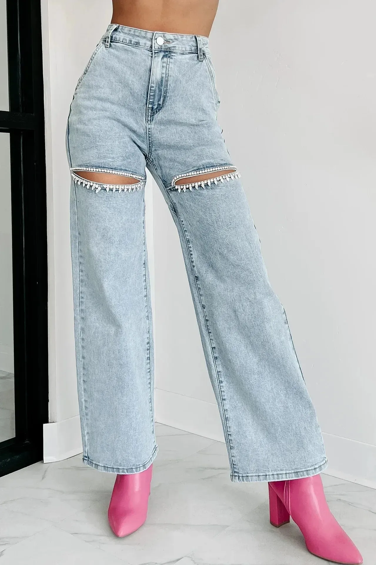 Women's High Waist Perforated Denim Jeans Y2K Streetwear