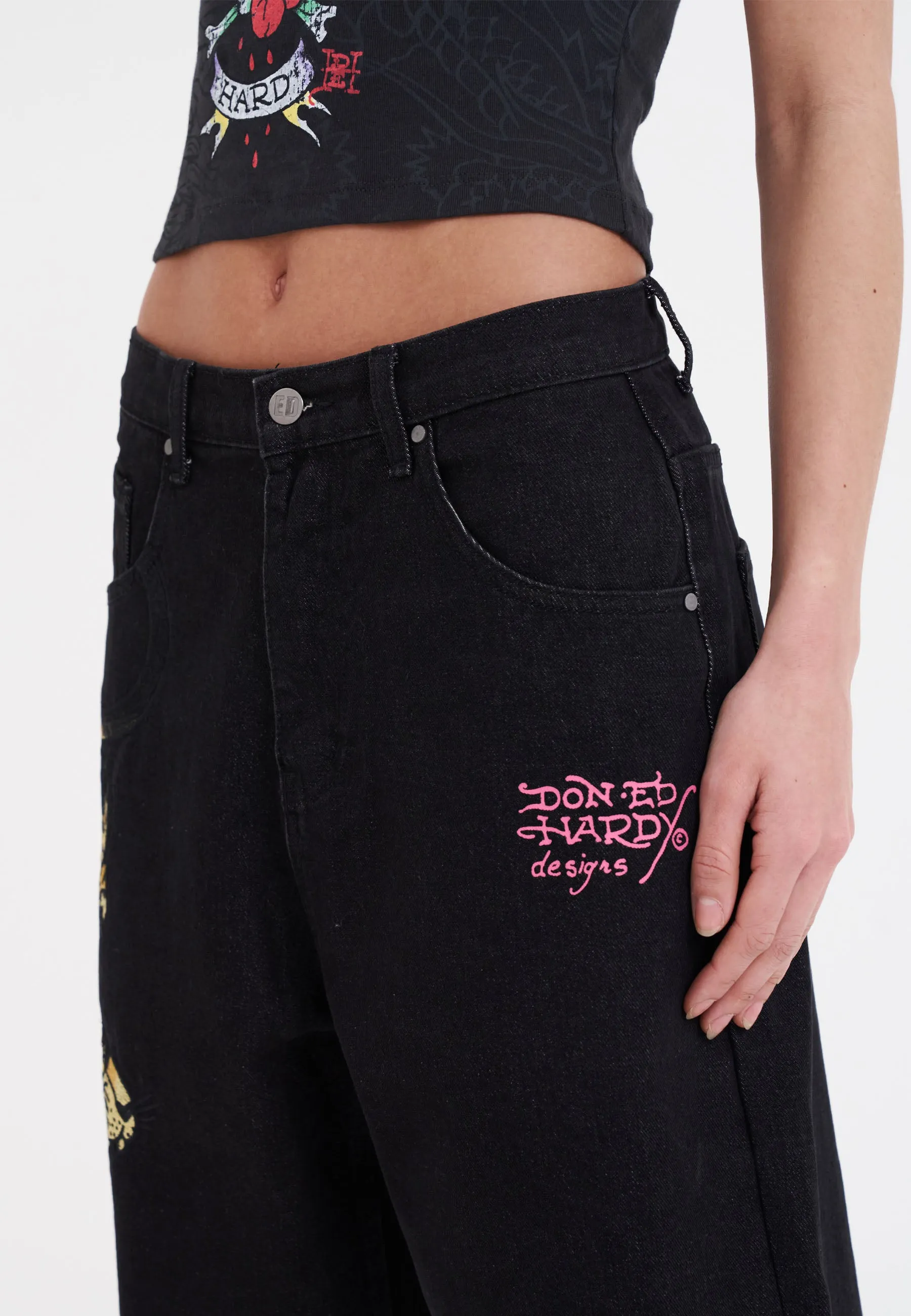 Womens Panther Crawl Relaxed Denim Jorts Shorts - Black