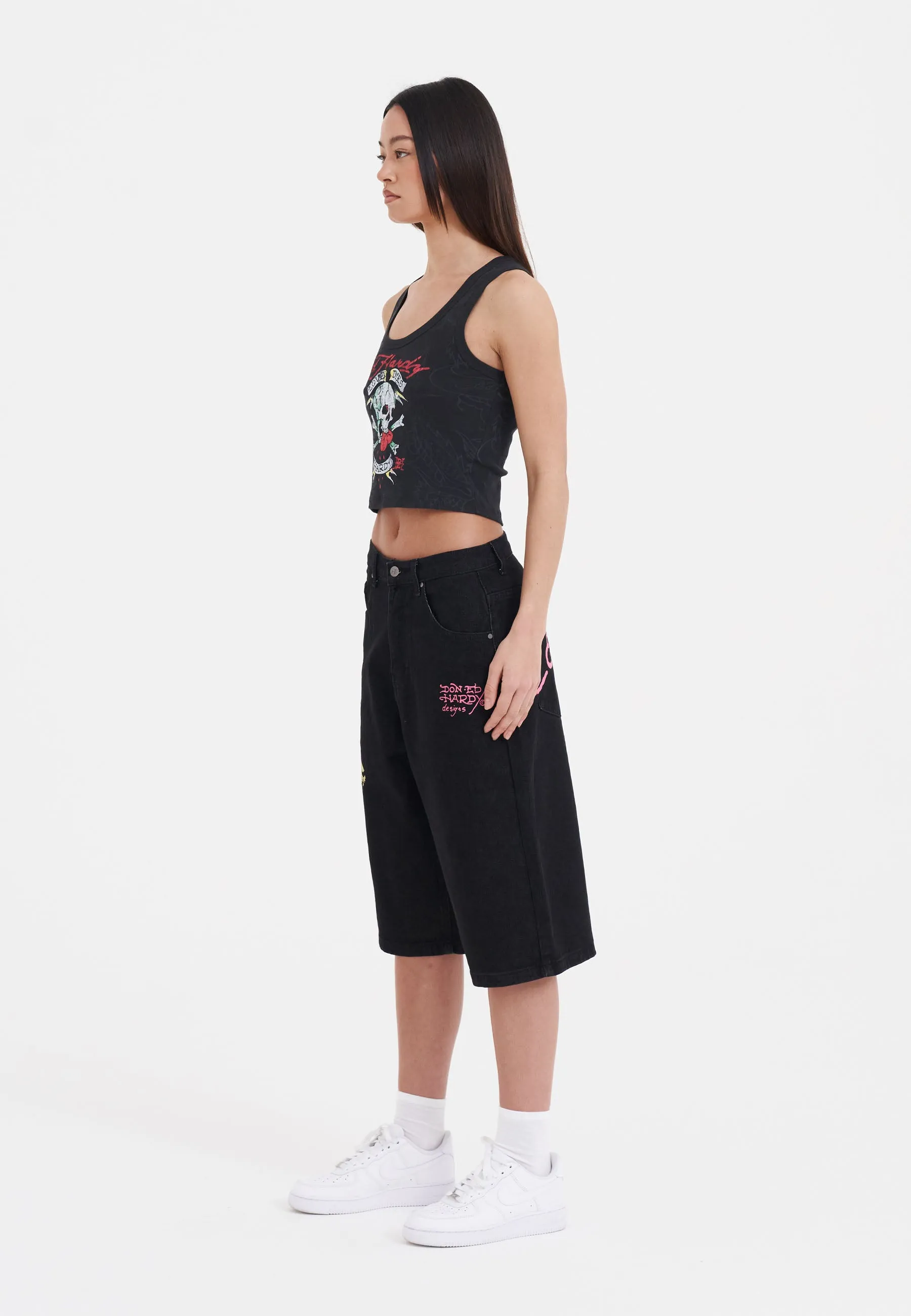 Womens Panther Crawl Relaxed Denim Jorts Shorts - Black