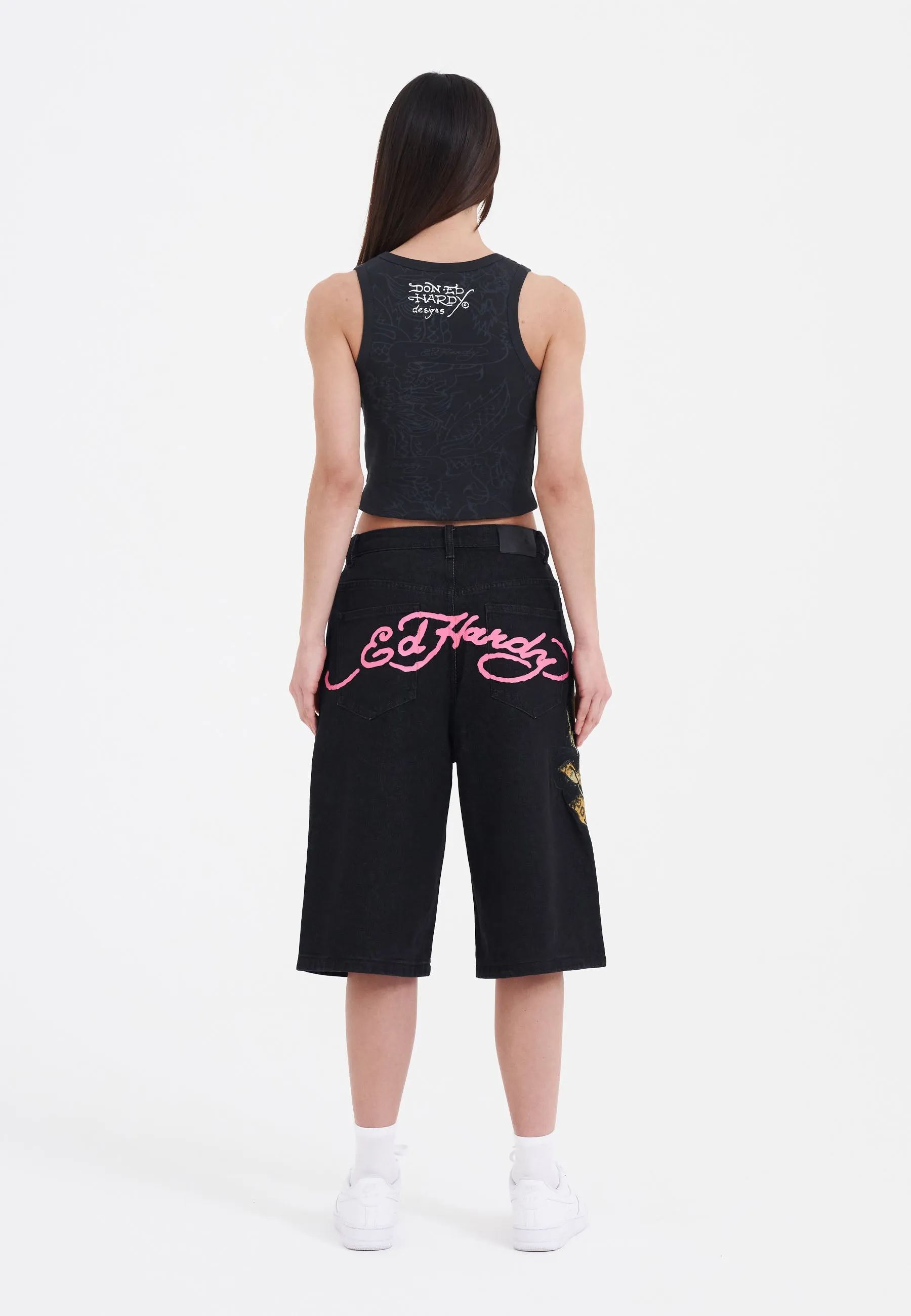 Womens Panther Crawl Relaxed Denim Jorts Shorts - Black