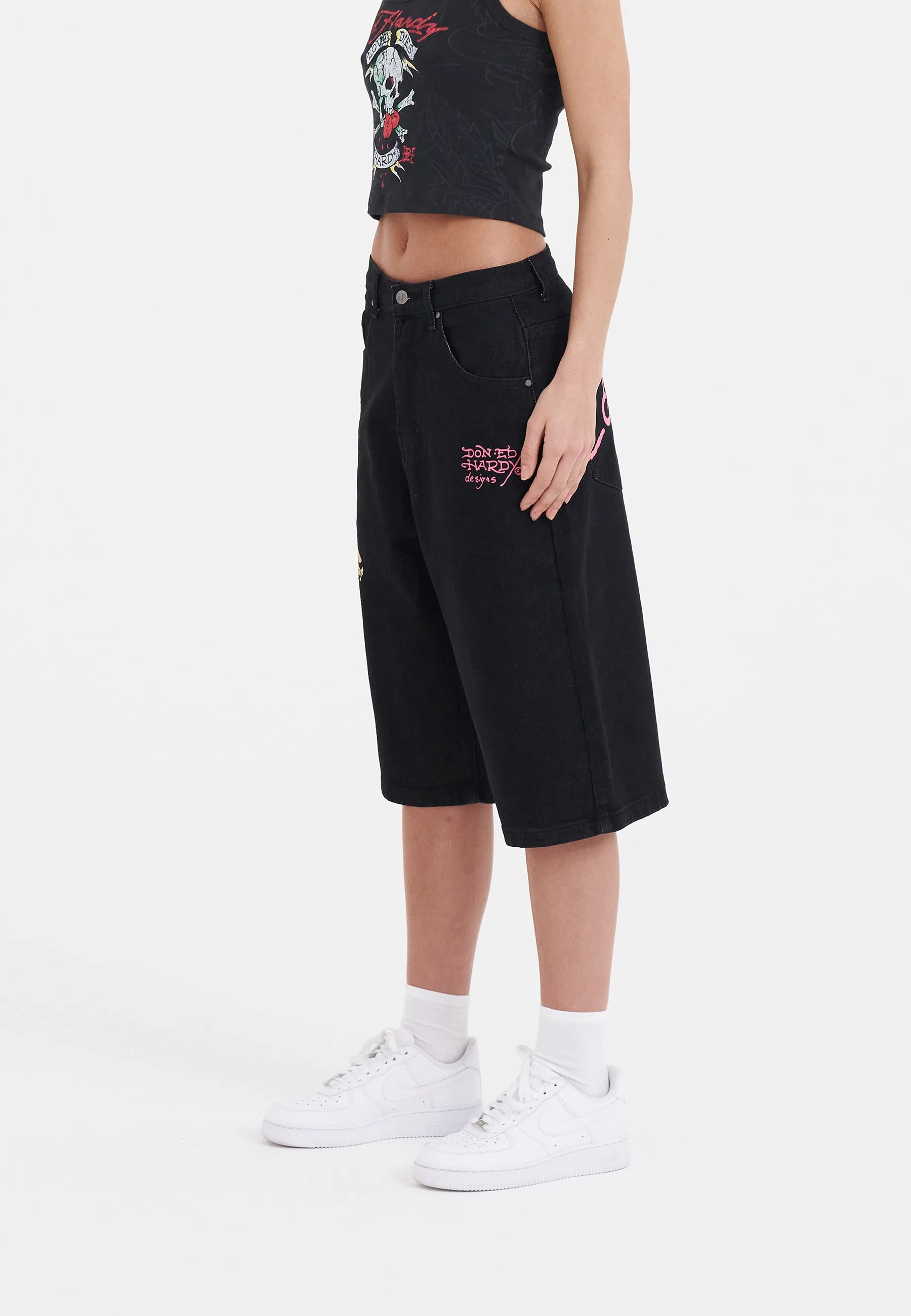 Womens Panther Crawl Relaxed Denim Jorts Shorts - Black