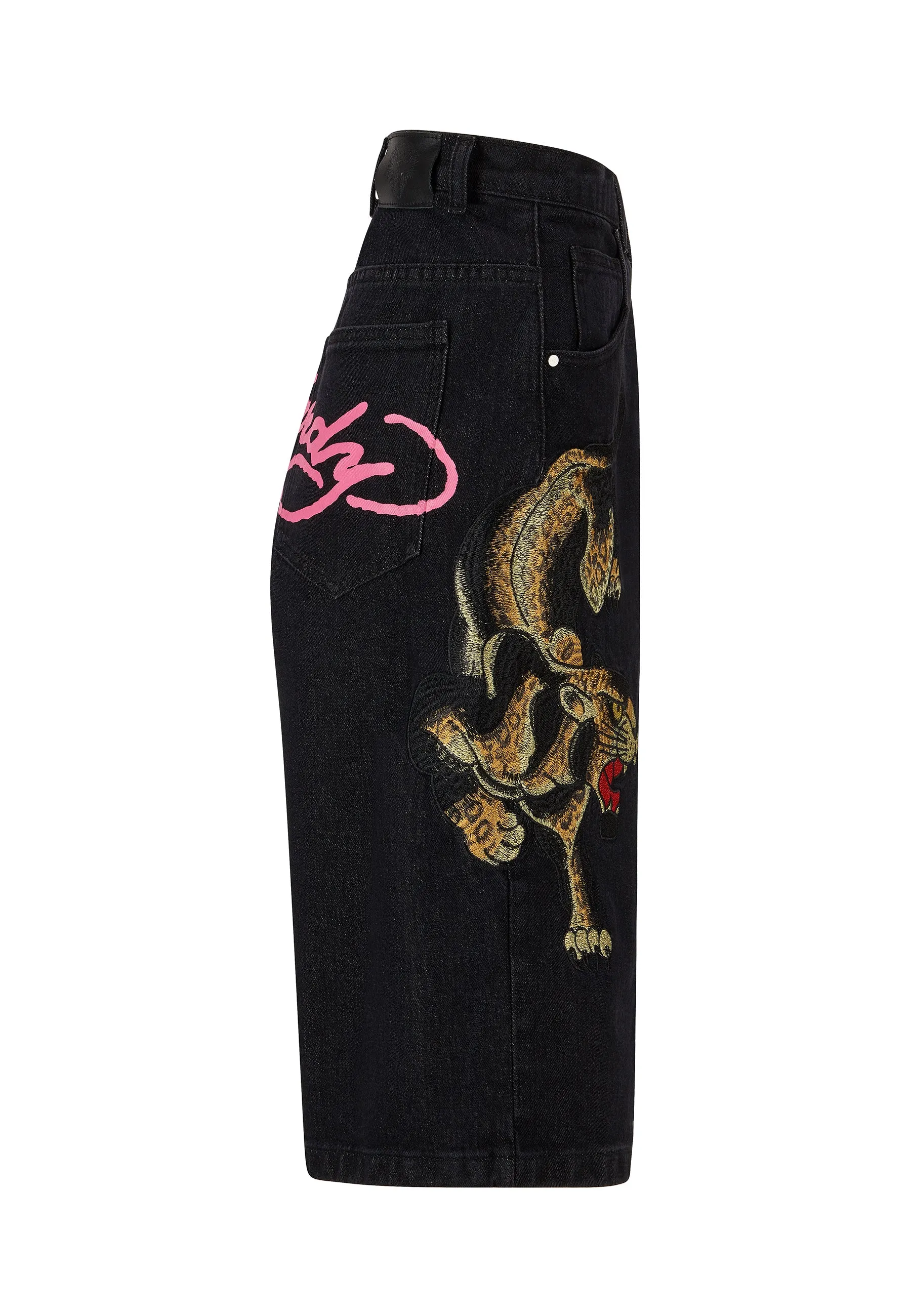 Womens Panther Crawl Relaxed Denim Jorts Shorts - Black