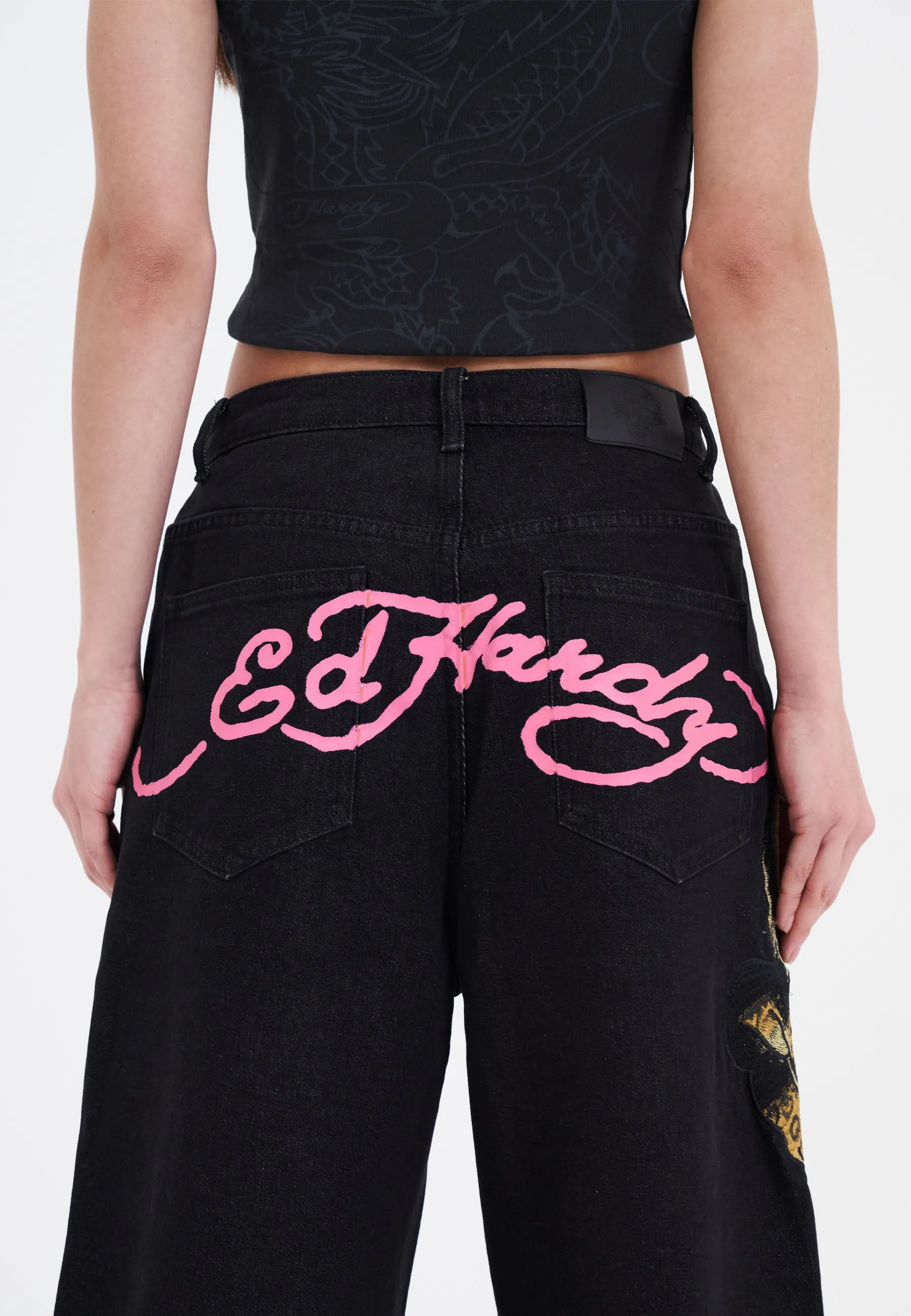 Womens Panther Crawl Relaxed Denim Jorts Shorts - Black